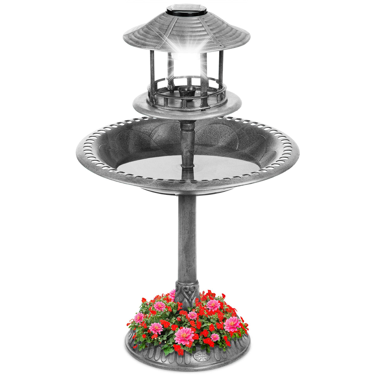 Solar Lighted Pedestal Bird Bath Stone