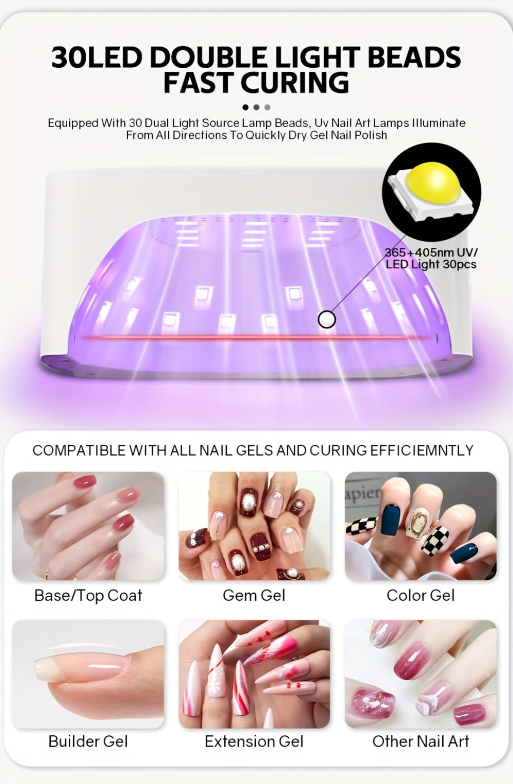 Rechargeable UV LED Nail Lamp 30 Beads, Professional Gel Nail Curing Light Cordless with 3 Timer Settings