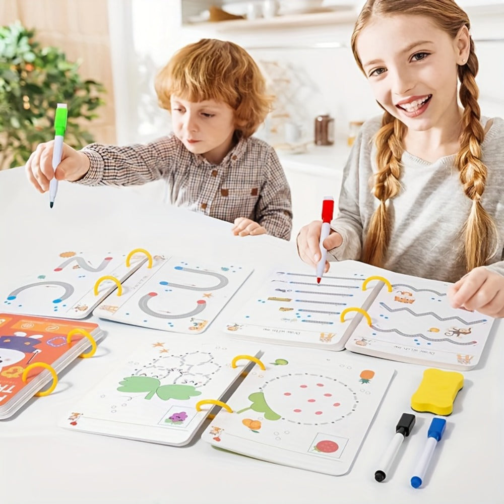 Wipe Clean Tracing Workbook for Kids – 64-Page Reusable Magic Exercise Book with 8 Color Pens & Eraser, Pen Control Writing Practice