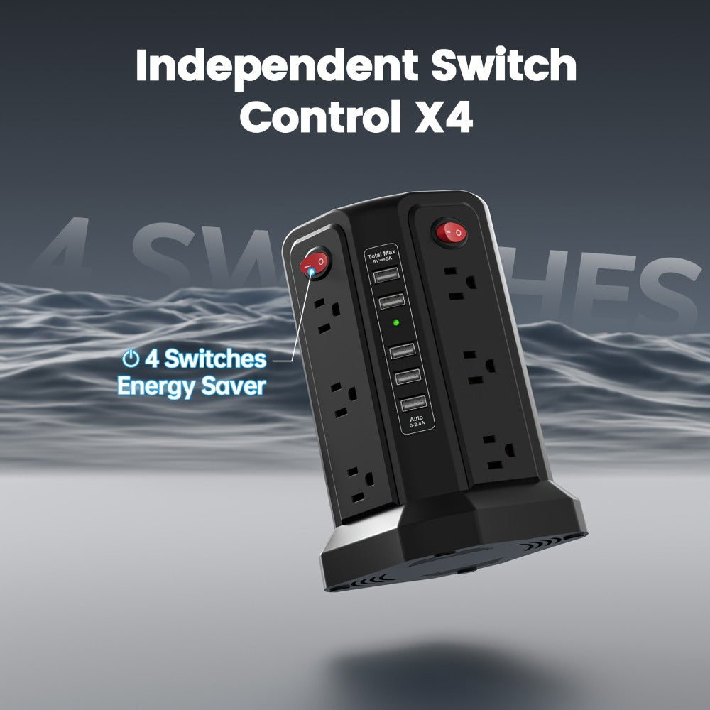 Night Light Power Tower Surge Protector 17-in-1, 12 AC Outlets & 5 USB Ports, 10.2ft Extension Cord