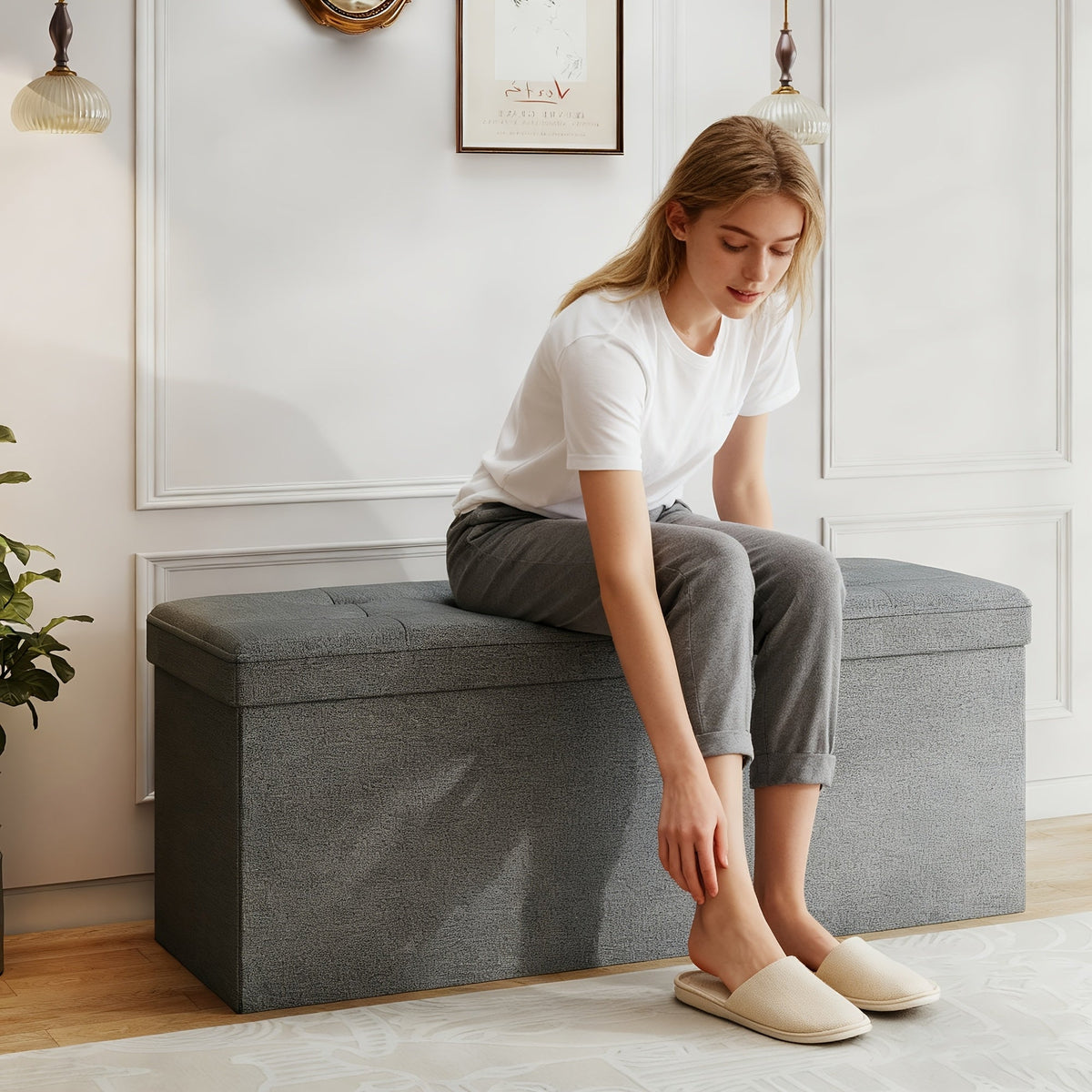 Storage Ottoman Bench shown in the Light Gray Linen - 43.5 Inches option