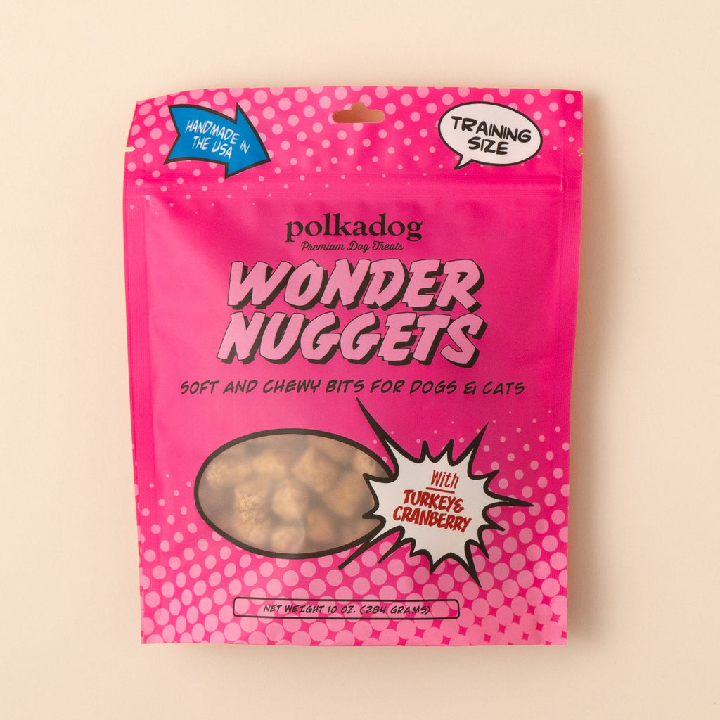Polkadog Wonder Nuggets Turkey & Cranberry dog treats pouch packaging on a beige background