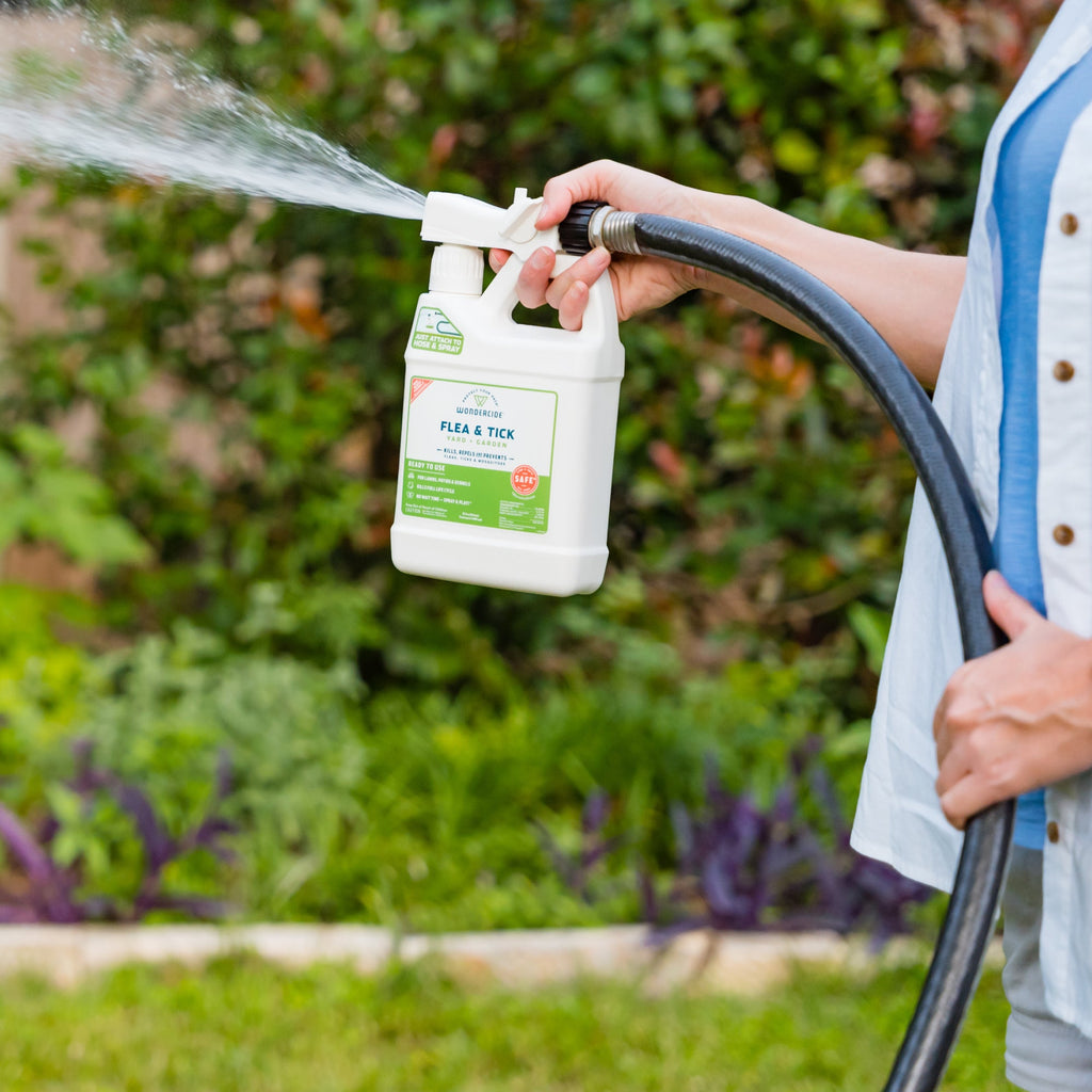 A person uses Wondercide Ready-to-Use Flea & Tick Spray for Yard + Garden with a hose in a garden, helping control mosquitoes among lush plants and greenery.