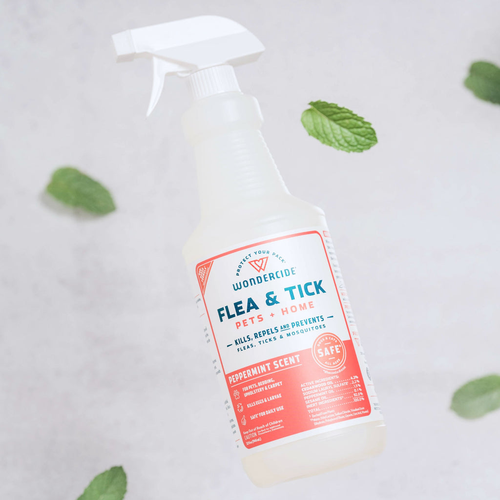 A spray bottle labeled Wondercide Flea & Tick Spray for Pets + Home with a peppermint scent rests on a light surface, surrounded by scattered mint leaves. Safe for use around dogs and cats.