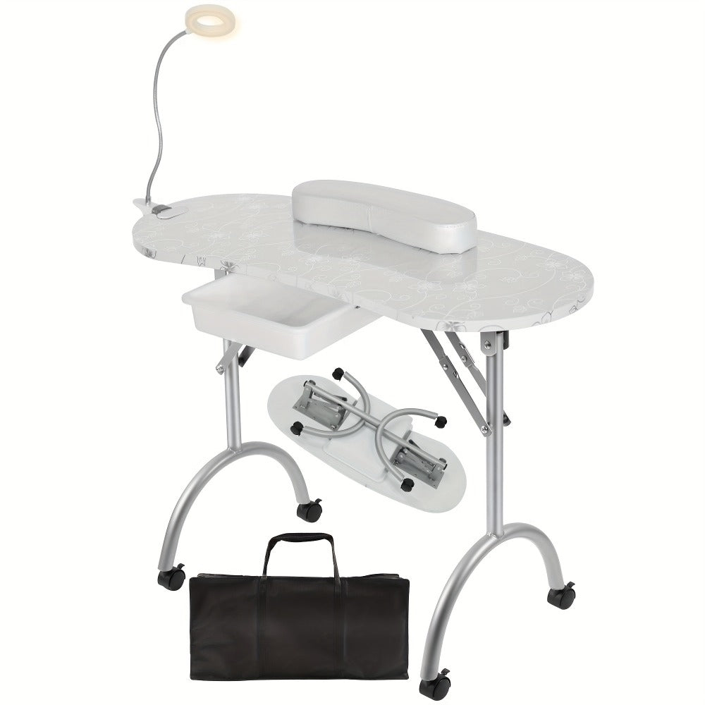 Foldable Nail Table with LED Lamp Drawer Lockable Wheels Wrist Cushion & Carrying Bag, Portable Manicure