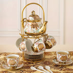20-Piece Floral Ceramic Tea Set with Saucers & Metal Stand, European Afternoon Tea Service, Blooming Design