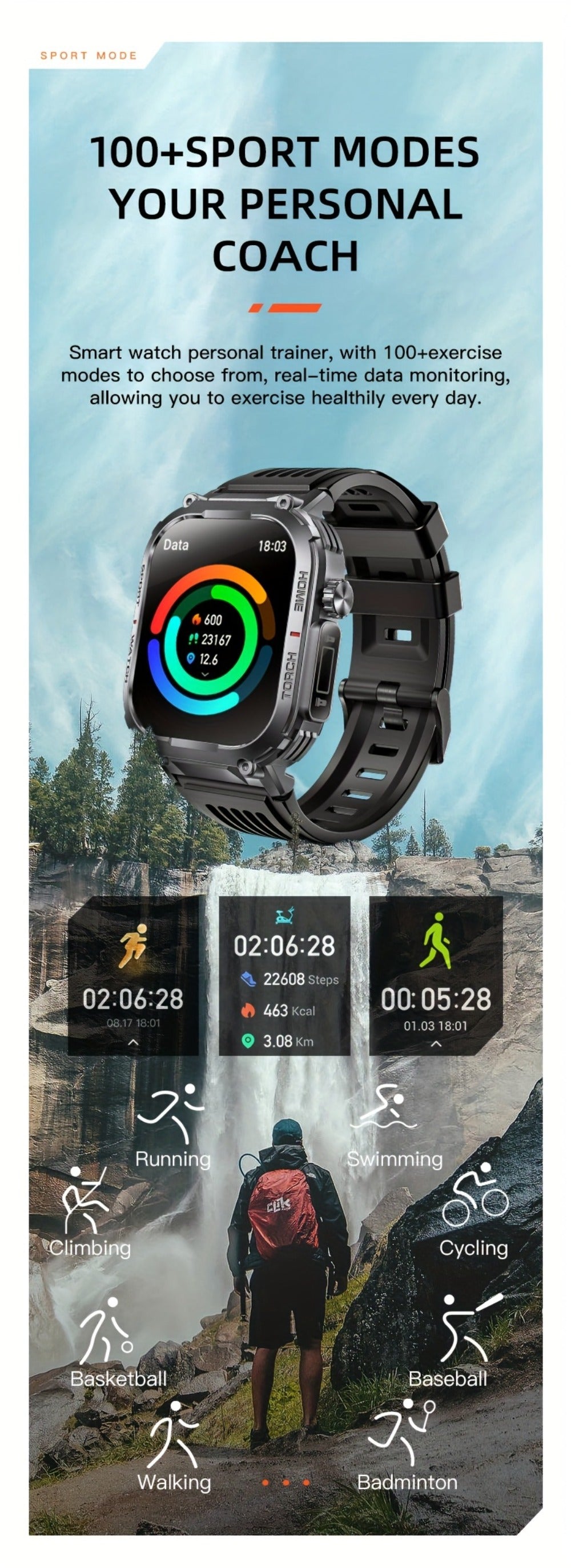 Smartwatch for Men 2.02 Inch with LED Flashlight, Wireless Calling and Activity Tracking for Outdoor Use