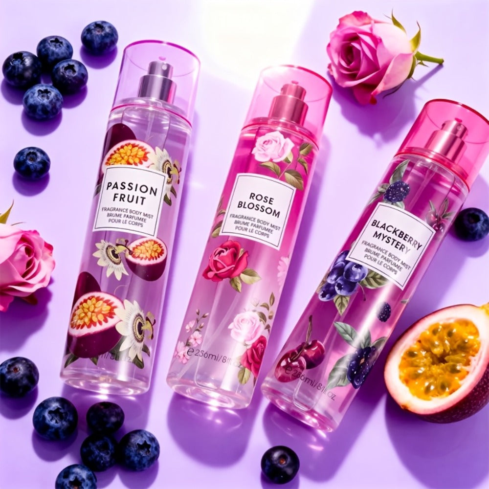 Body Spray for Women 4-Pack 8.4oz Each Hair Body Fragrance Mist Set 20 Floral Fruity Scents Daily Use Gift Value Bundle 250ml Per Bottle