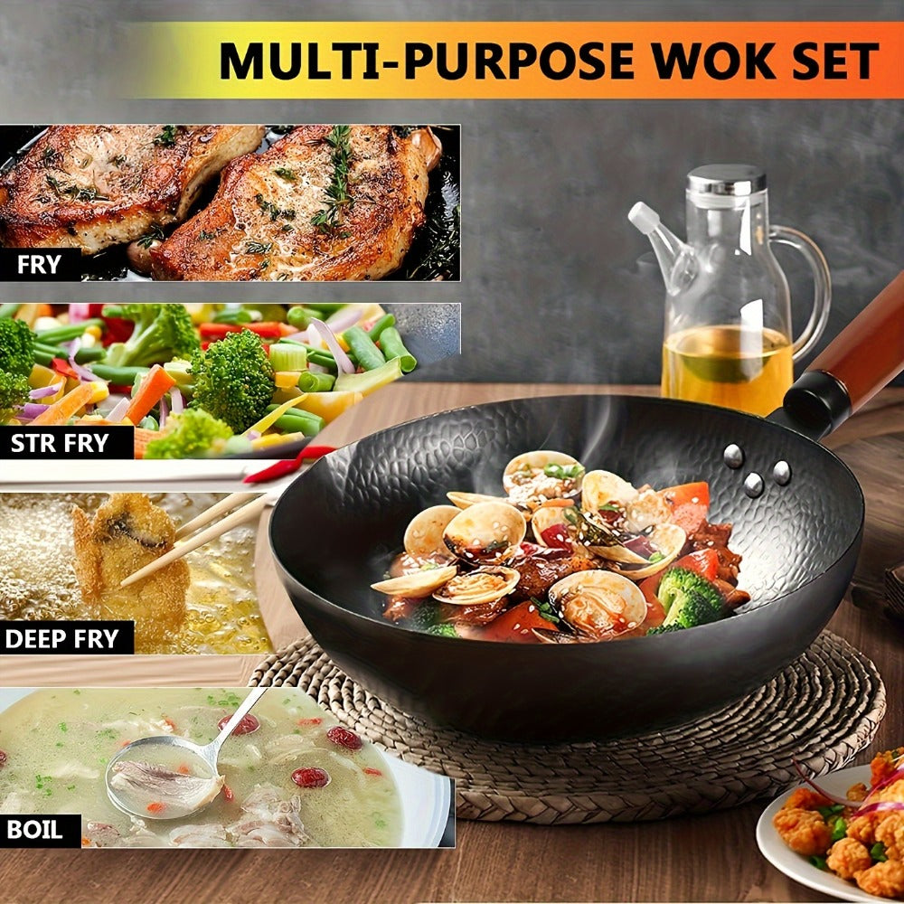 Carbon Steel Wok Set with Lid and 14-Piece Accessory Kit, 12.6 Inch Stir-Fry Pan with Spatula, Brush, Ring and Utensils