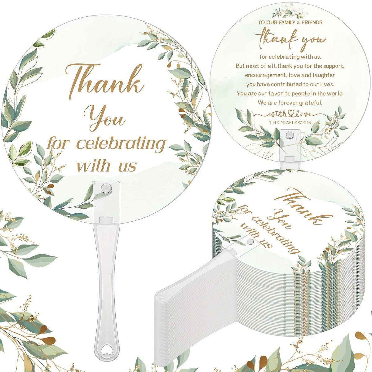 Wedding Hand Fans 100pcs Bulk Plastic Handheld Fans with Handle Greenery Leaf Design Cooling Fans for Ceremony Bridal Shower Party Guests
