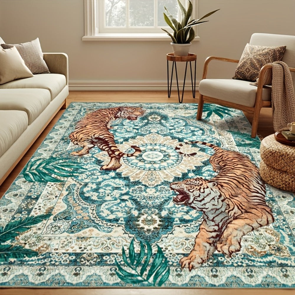 Area Rug, Tiger and Jungle Forest Print Ultra-Thin Indoor Carpet in Three Colors with Machine-Wash Care