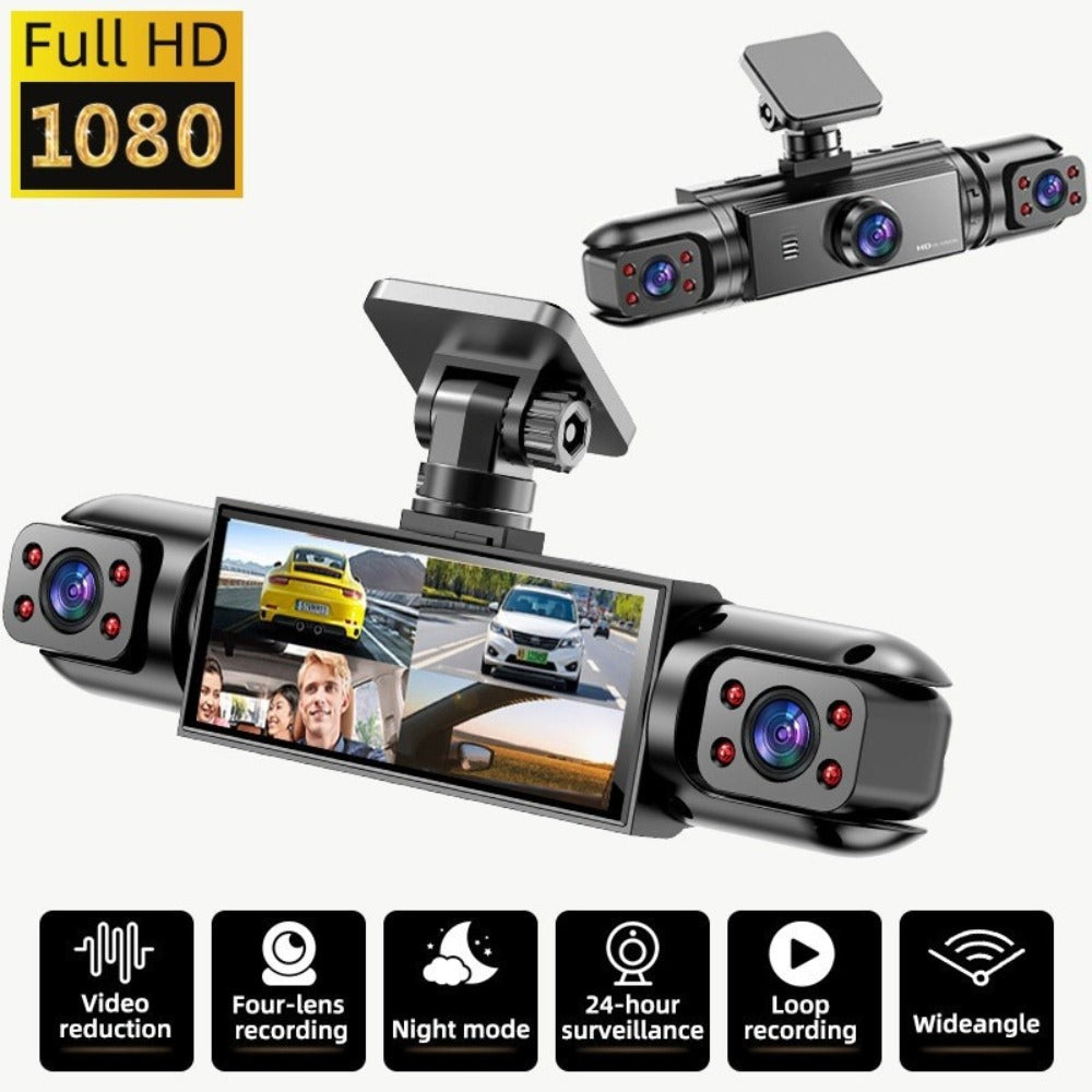 360° 4-Channel Dash Cam 1080P Front + 720P Rear Left Right Full Coverage, WDR Night Vision, G-Sensor, Loop Recording