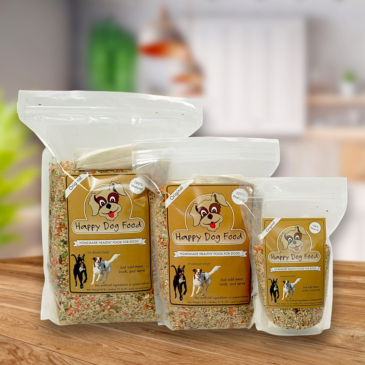 Happy Dog Food original whole grain base mix bags in multiple sizes for homemade dog food