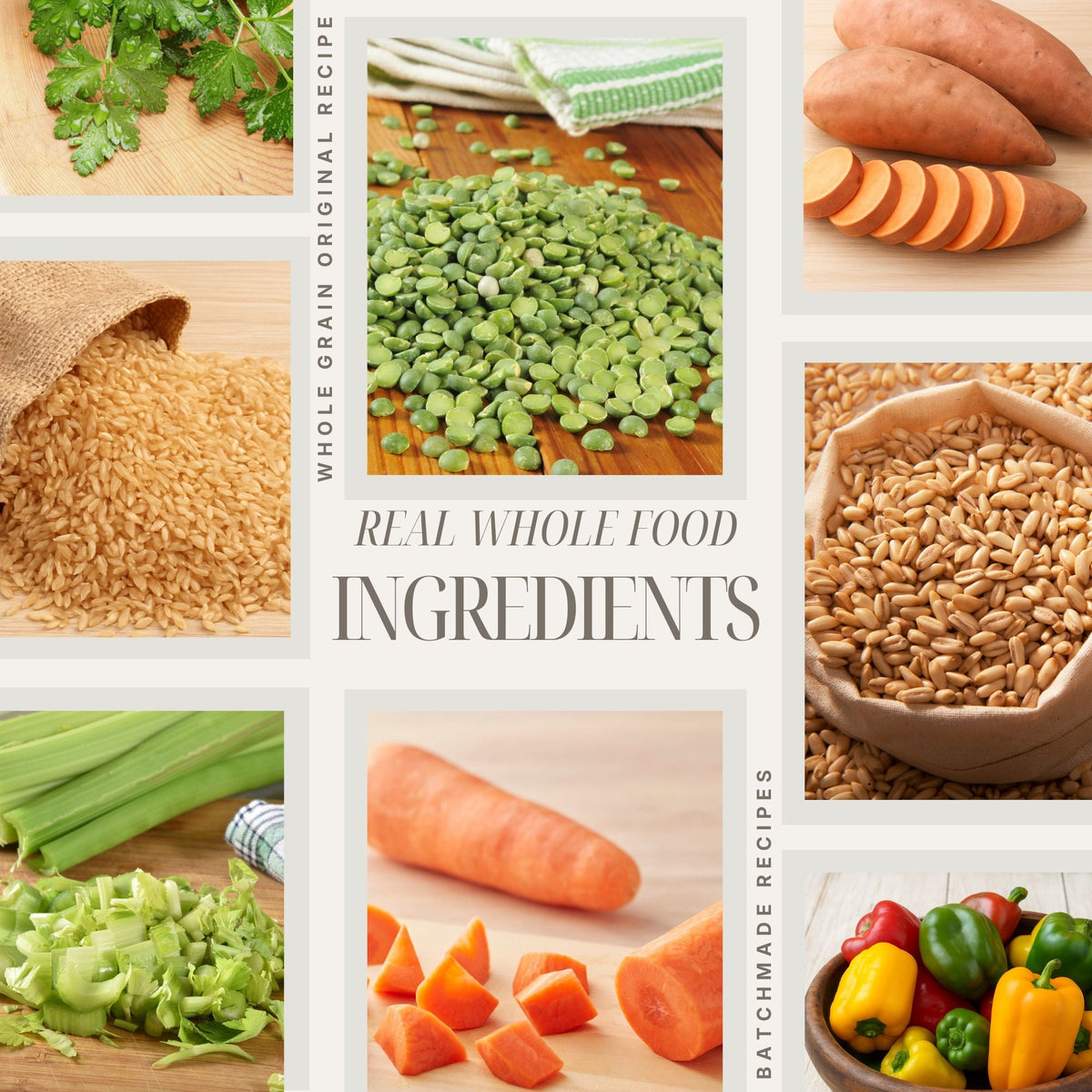 Whole food ingredients including brown rice barley carrots peas and vegetables used in Happy Dog Food