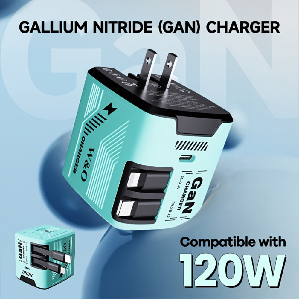 GaN Charger 120W with Lightning & Type-C Retractable Cables 47in, Foldable Plug USB-C Wall Adapter