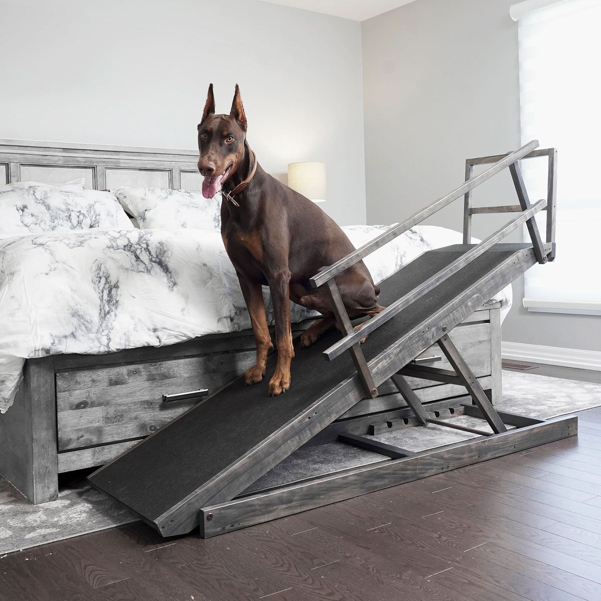 Adjustable Hardwood Dog Ramp for Beds, Coastal Grey