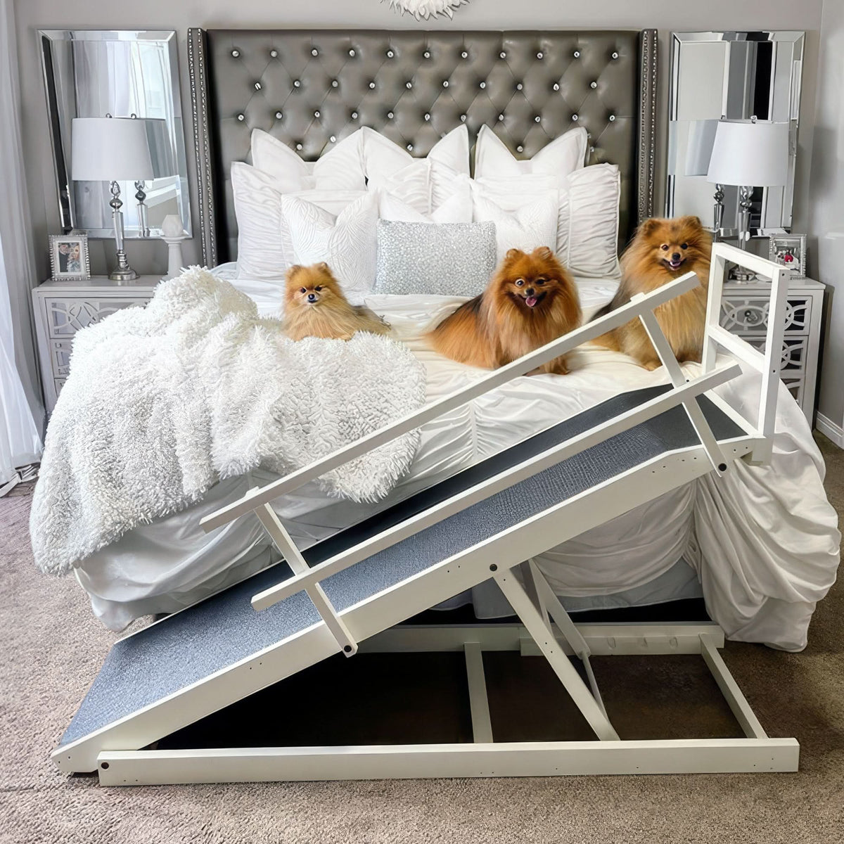 Adjustable Hardwood Dog Ramp for Beds, Snow White