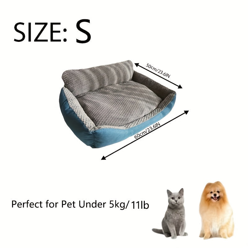 Blue-Gray Dog Bed Couch with Raised Back and Side Bolsters in Four Sizes, Plus One Random Cat Teaser