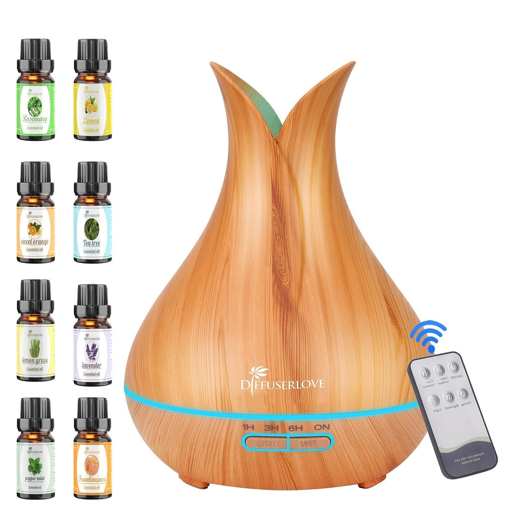 400ml Aroma Diffuser with Continuous or Intermittent Mist, Seven-Color Light, Three Timers, Remote and Eight Oils