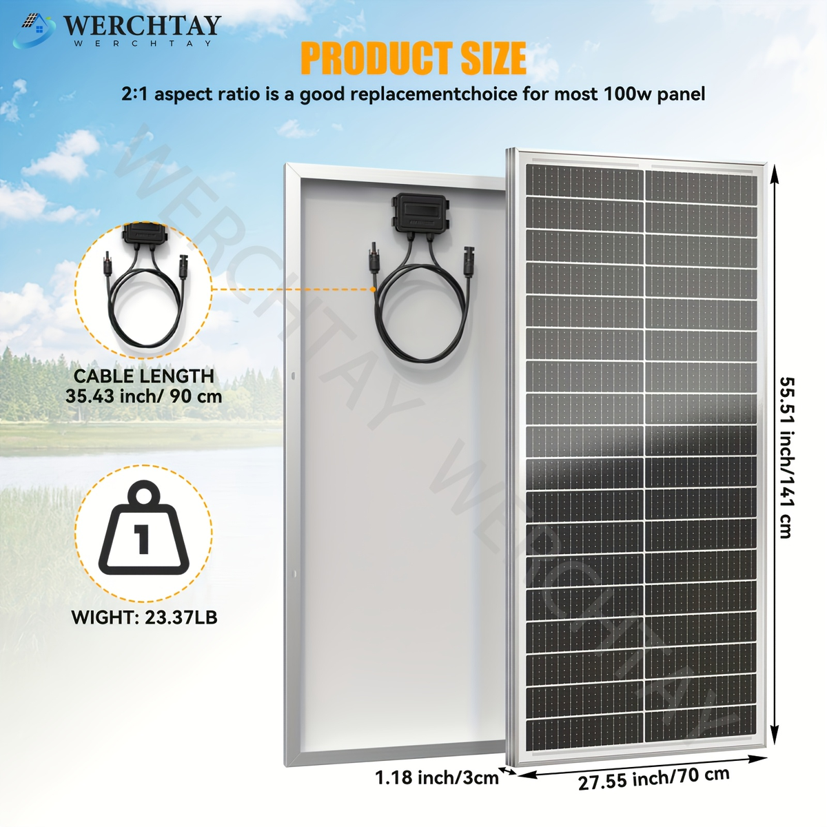 100W Solar Panel 12V High Efficiency Monocrystalline Photovoltaic Module for Off-Grid System RV Boat Home Commercial Street Hotel Shopping