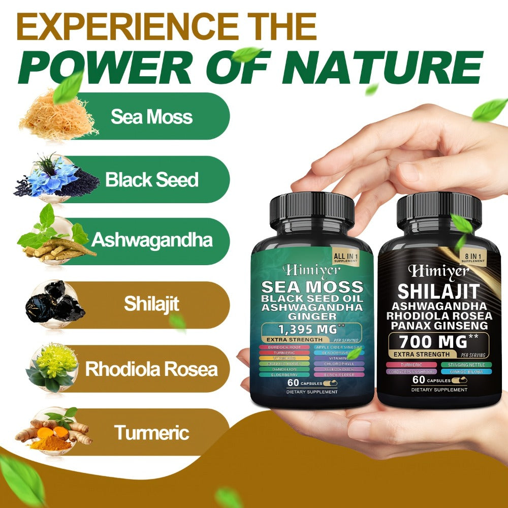 Sea Moss 7000mg & Shilajit Supplement Bundle, Black Seed Oil 4000mg, Ashwagandha 2000mg, Panax Ginseng 1500mg