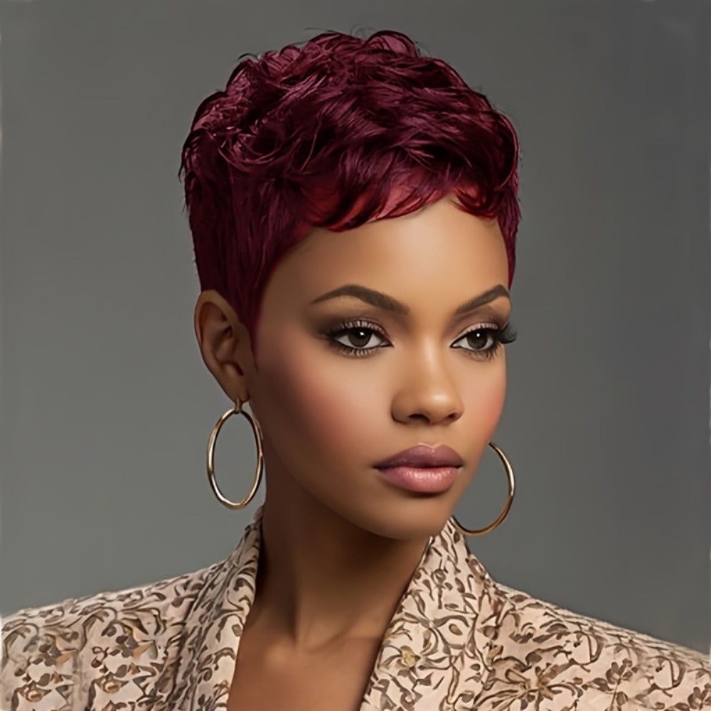 Synthetic Wig 4-Inch Wavy Pixie Cut with Bangs in Dark Brown, Deep Purple or Burgundy for Cosplay