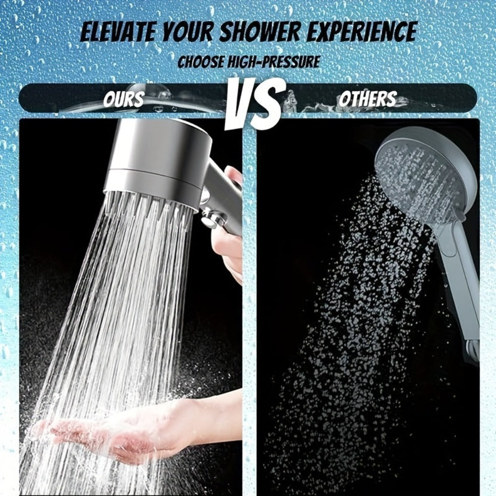 Handheld Shower Head with Rotating Spray Selector, On-Off Button, Hose, Five Cartridges and Two Bracket Options