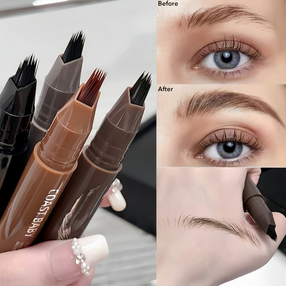 Four-Pack Multi-Fork Tip Eyebrow Pens in Four Color Labels with Capped Bodies and Approx. 11.3 cm Length