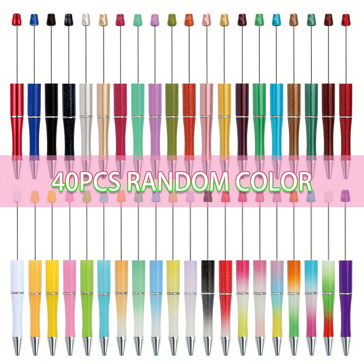 Beadable Pens Bulk 40/60pcs, DIY Bead Ballpoint Pens with Black Ink Shaft, Assorted Random Colors for DIY Crafts