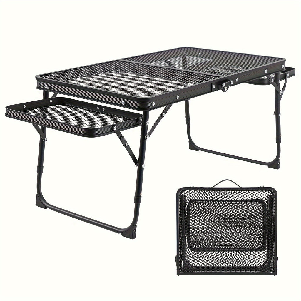 Portable Folding Camping Table with 2 Wingboards & Mesh Top – Height Adjustable Outdoor Grill Side Table for Picnic Barbecue Beach