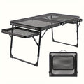 Portable Folding Camping Table with 2 Wingboards & Mesh Top – Height Adjustable Outdoor Grill Side Table for Picnic Barbecue Beach