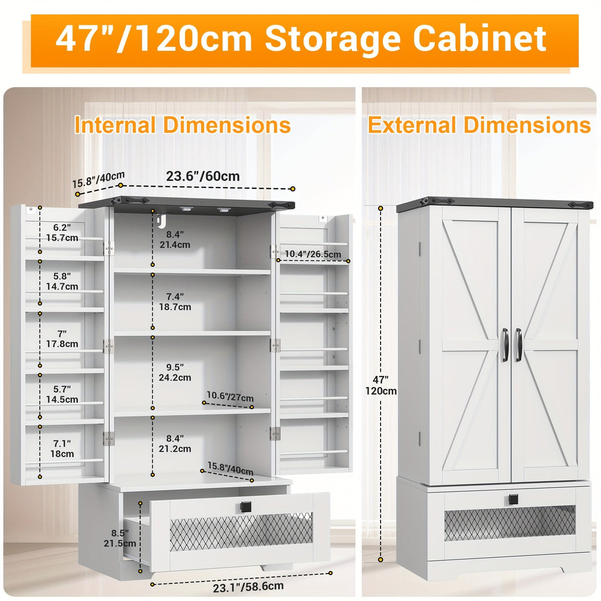 47-Inch Freestanding Kitchen Pantry Cabinet with Storage Drawers and Adjustable Shelves