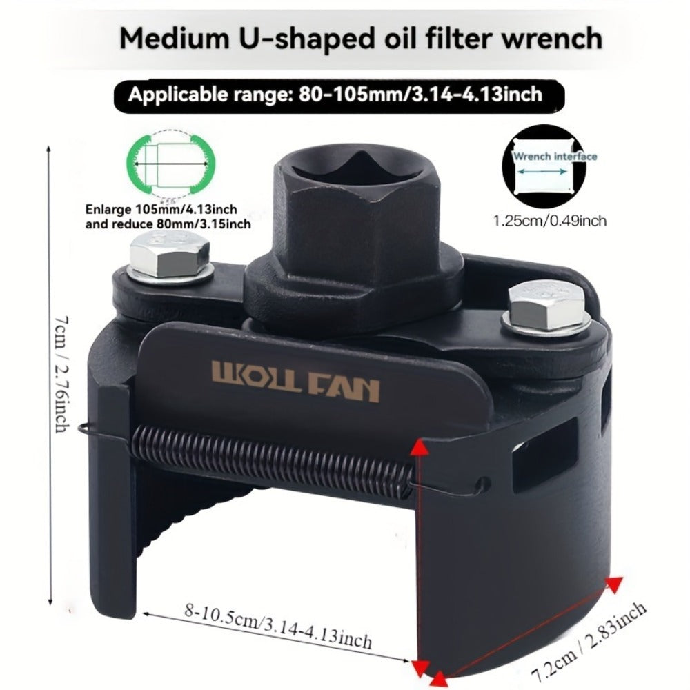 Adjustable Oil Filter Wrench – U-Shape Double Jaw Reversible Design, Hex Socket & Knob Control, Heavy-Duty Metal