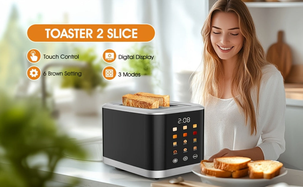 Smart Digital Toaster 2 Slice with Touch Screen LCD Display, 6 Bread Types & 6 Shade Settings, Extra Wide Slots, Stainless Steel – Bagel