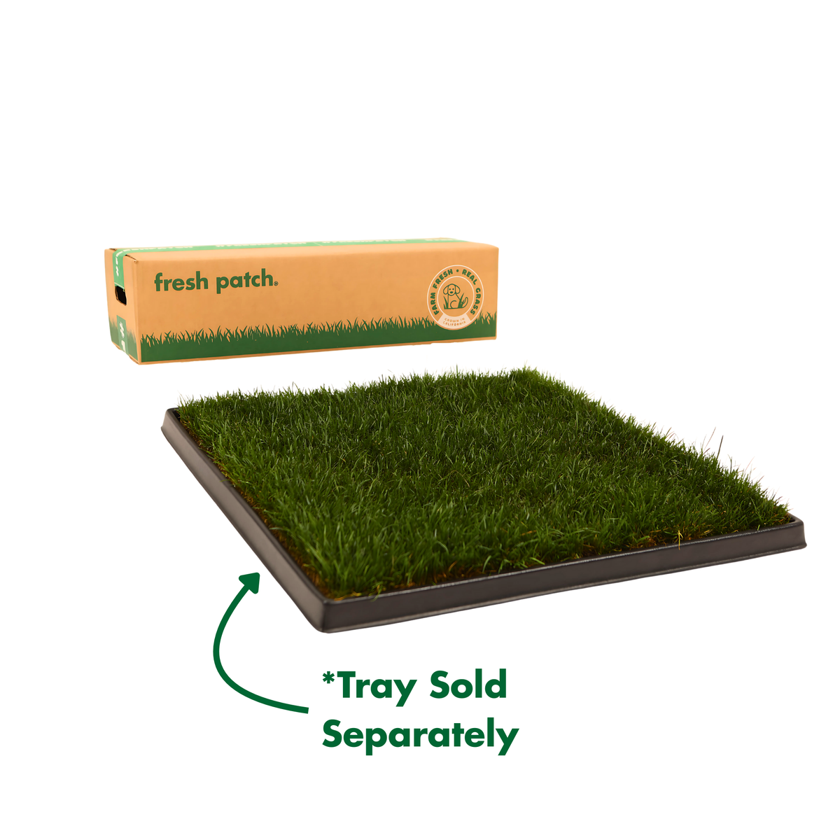 Grass patch on a black tray with a box labeled 'fresh patch' behind it. Text below the grass reads 'Tray Sold Separately'