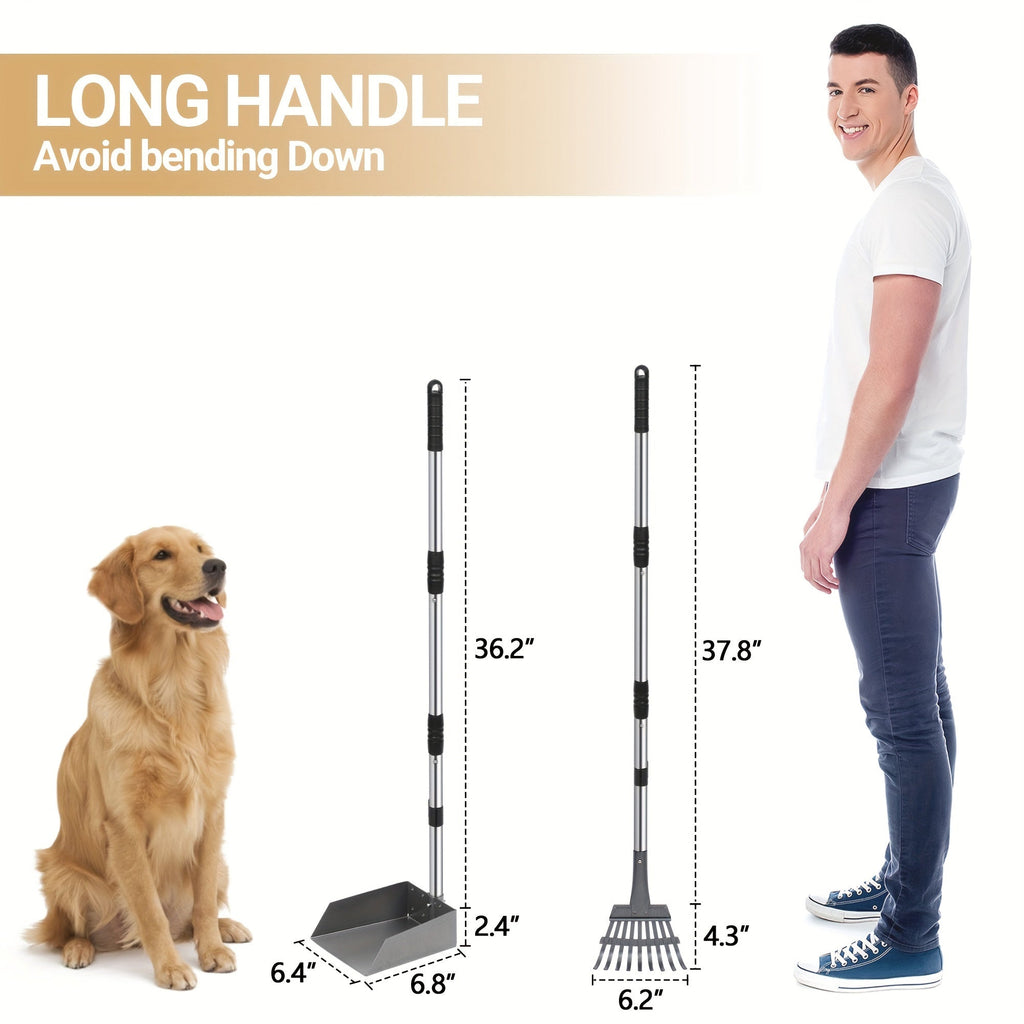 Long-Handle Pet Waste Rake and Tray Set with Two Three-Section Handles and Nine Color Options