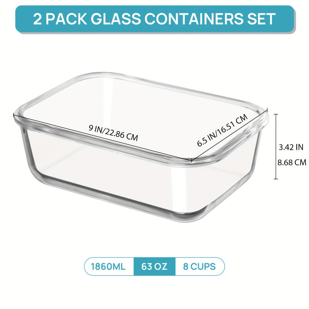 Food Storage Containers Two-Pack 63 oz Glass Set with Snap-Lock Lids in Gray or Green for Oven and Microwave Use