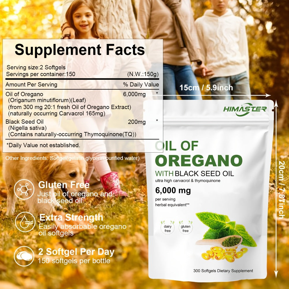 Herbal Supplement with HIMASTER Label, Oil of Oregano 6000mg per Serving with Black Seed Oil, 300 Softgels