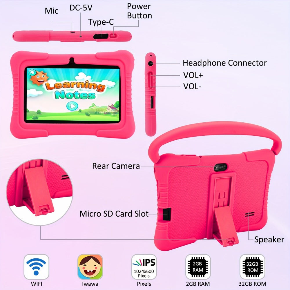 Kids Tablet 7 Inch Veidoo Android WiFi Eye Protection Screen Dual Camera Parental Control Educational Games Drop-Proof Silicone Cover 1+16GB
