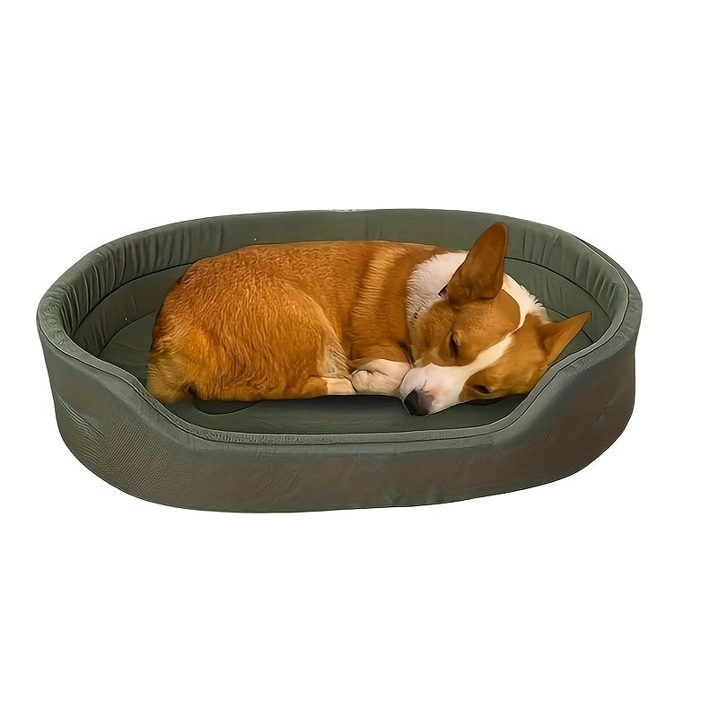 Oval Bolster Dog Bed with Gray or Green Cover and Three Labeled Sizes from M to 2XL, Six Variants