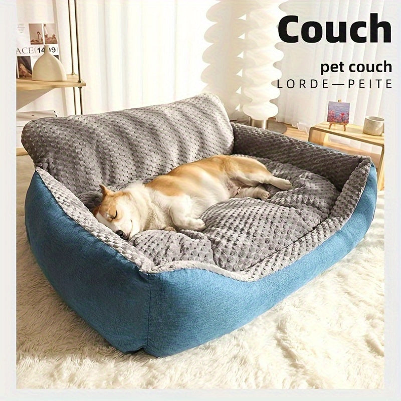 Blue-Gray Dog Bed Couch with Raised Back and Side Bolsters in Four Sizes, Plus One Random Cat Teaser