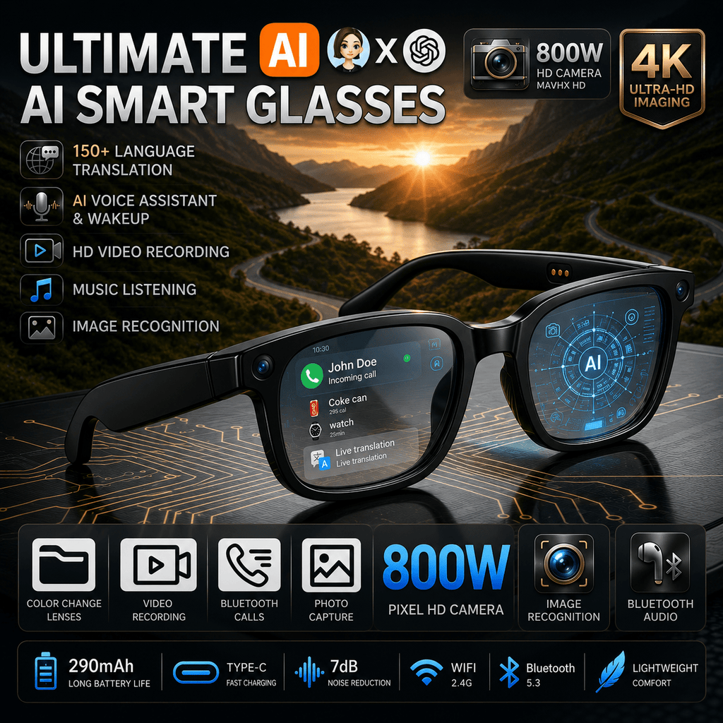 Smart Glasses with Camera and Bluetooth, 8MP Camera Eyewear with Translation, Object Recognition, Touch Control and Bluetooth Audio