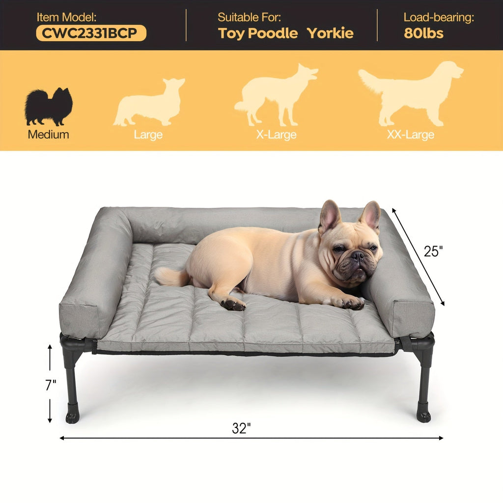 Elevated Dog Bed with Teslin Mesh Cot, Powder-Coated Steel Frame and Removable Bolster Top in Four Sizes