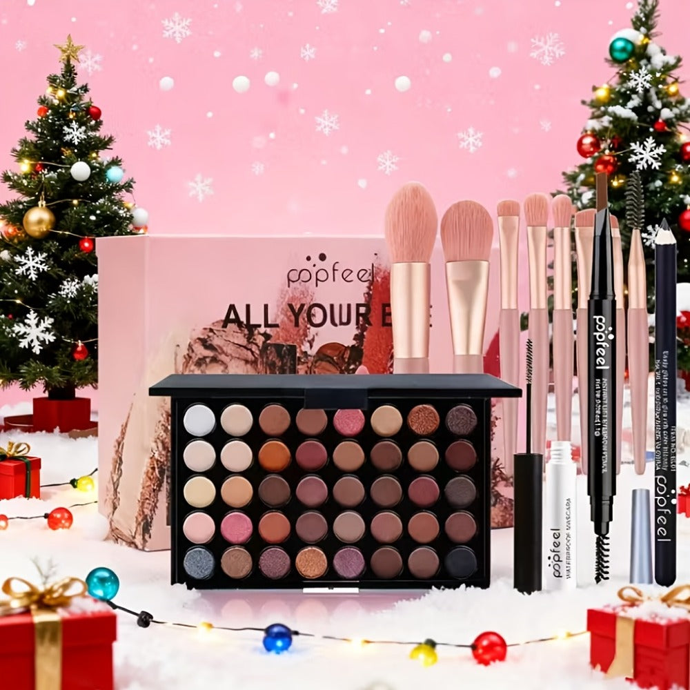 Makeup Gift Set POPFEEL 29-Color Eyeshadow Palette + Mascara + Eyeliner + Brow Pencil + Highlighter Powder + 7-Piece Brush Set | Complete