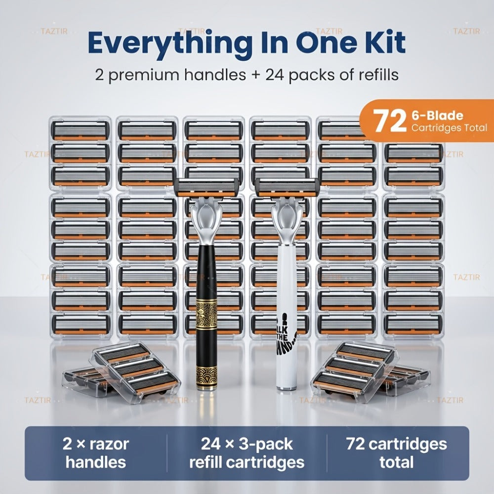 Luxury Men's Razor Set 6-Layer Blades – 2 Ergonomic Anti-Slip Handles & 72 Replaceable Blades, Precision Manual Shaving Kit