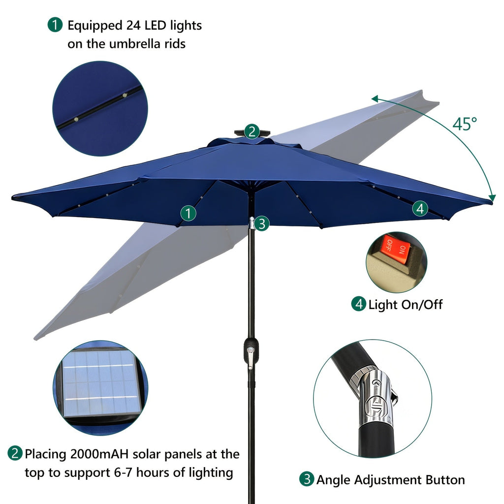 Patio Umbrella 9FT Solar LED Center-Pole Style in Sky Blue, Deep Blue or Khaki for Outdoor Shade