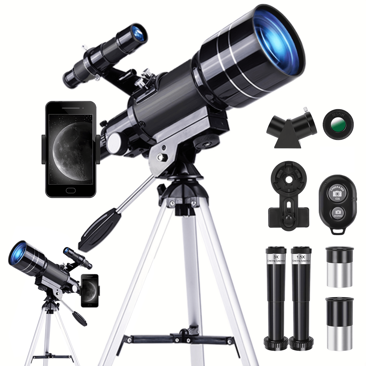 70 mm Refractor Telescope Kit with Five Color Labels, Tripod, Phone Holder and Two Eyepieces