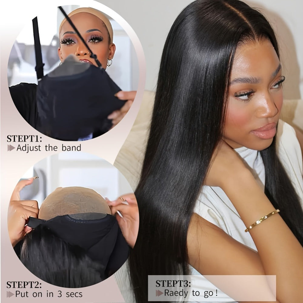 Wig Bone-Straight Glueless Human Hair in Natural Black, 10-34 Inch Options with Pre-Cut 6x4.5 Lace
