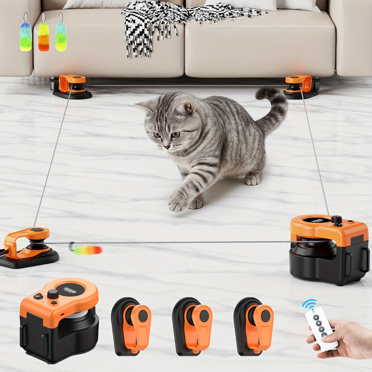 Interactive Cat Toy Auto & Remote Control – Electric Feather Mouse Lure Coursing Machine with DIY Track, Mouse Sounds, Auto Timer