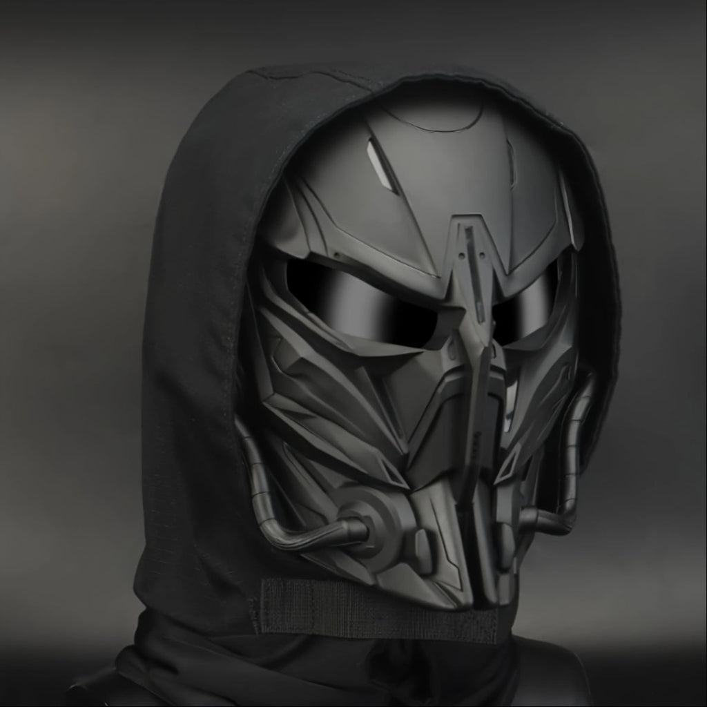 Black Mechanical Costume Mask with Sculpted Lower-Face Panel, Dark Eye Visor and Side Vent Details